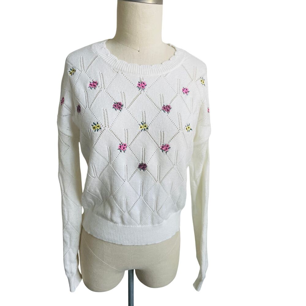 Willow & Wind Embroidered Pointelle Knit Sweater Women’s XS White Floral